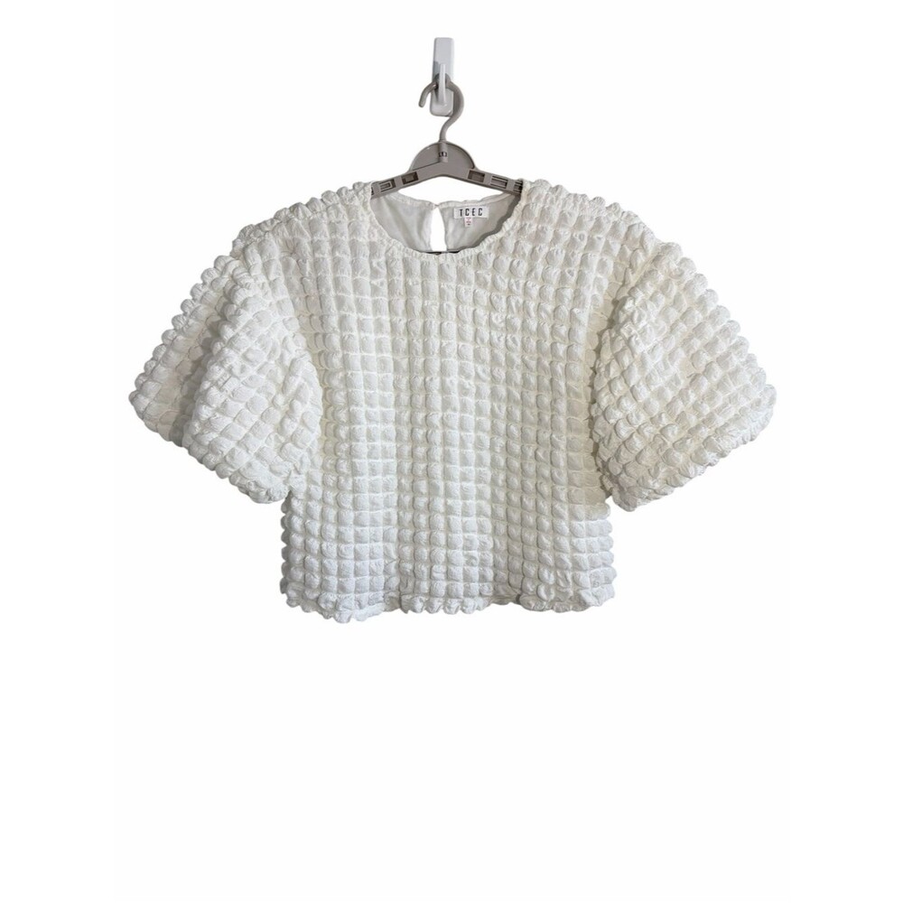 TCEC Women Sz M White Textured Bubble Puff Sleeve Top Stretch Boxy Cottagecore